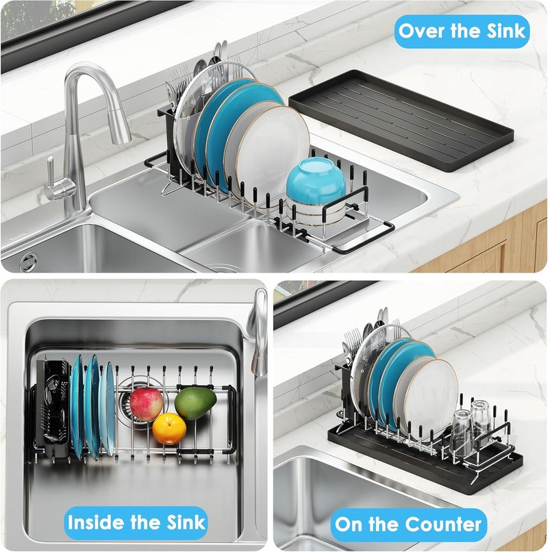 ANTOPY Small Dish Drying Rack - Expandable 304 Stainless Steel Rustproof Dish Rack Over Sink with Silicone Drying Mat & Cutlery Holder, Compact Dish Drainer for Kitchen Counter, Inside Sink, Silver - Image 3